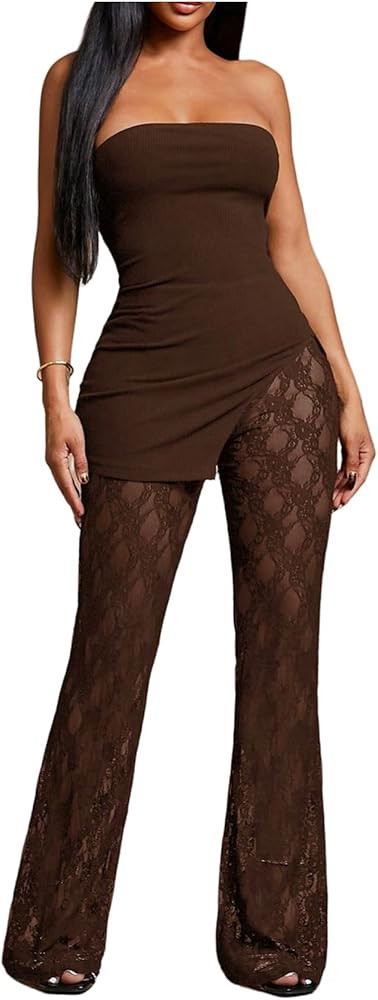 MakeMeChic Women's 2 Piece Sets Strapless Bandeau Tube Top Mesh Lace Pants Elegant Outfits | Amazon (US)