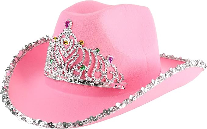 Skeleteen Pink Cowboy Hat - Pink Sequin Cowgirl Princess Hat with Crown Tiara Design | Amazon (US)