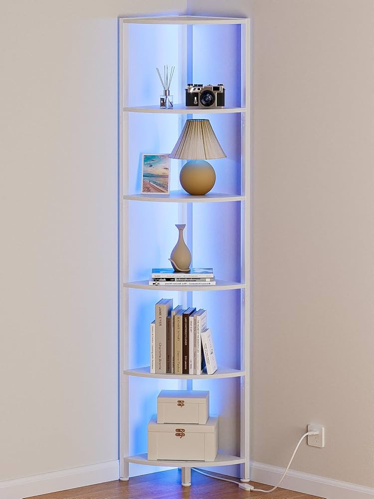 Furnulem 6 Tier Corner Shelf with LED Light, 67.5” Tall Standing Shelf Organizer, White Narrow ... | Amazon (US)