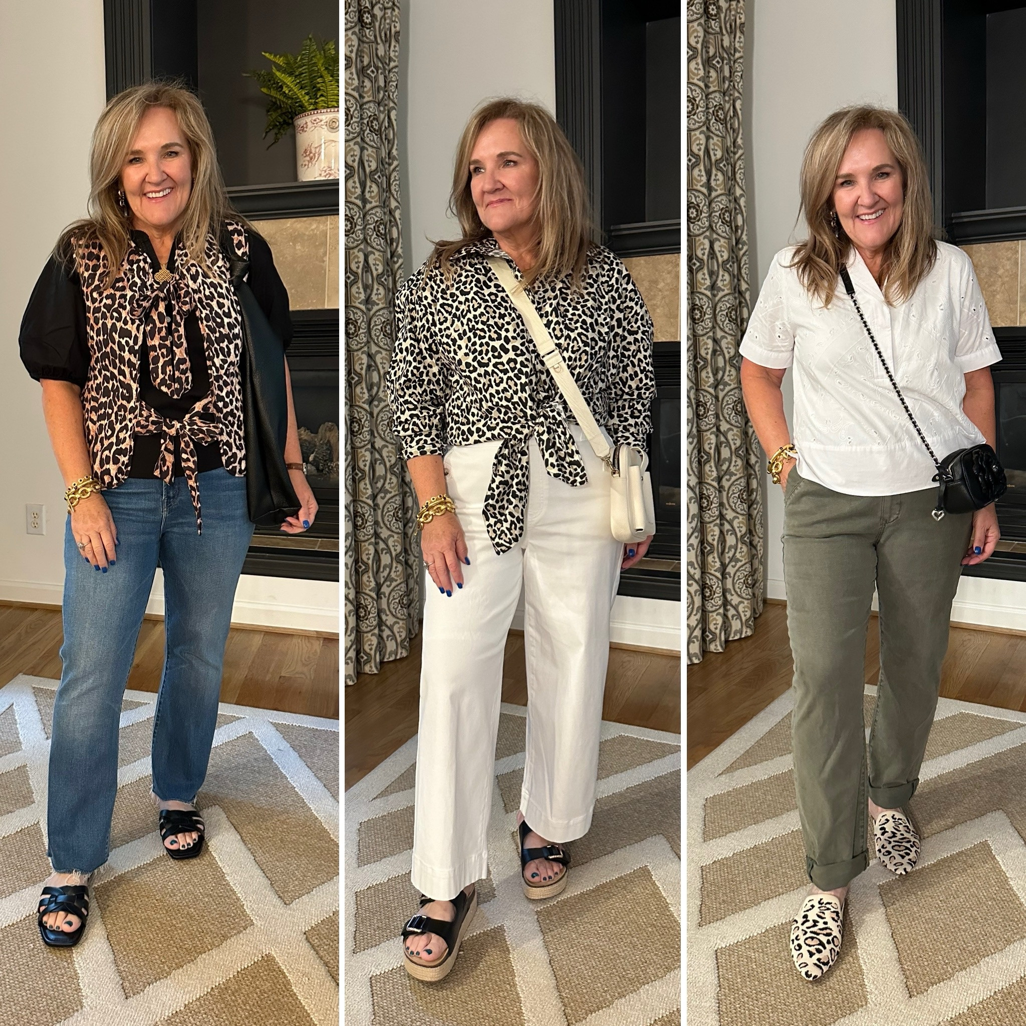 Ready to jump on the animal print leopard craze? Three pieces that are wear now! 
Vest size large blouse size large…it’s oversized. You can size down if you want. I like the options 
And the slides are so fun. Tts. 
Pick one!!

My spanx code NANETTEXSPANX 
MOTHER jeans size up!!! 
Paige chinos you can go smaller size 
Kohls popover get larger size 

#LTKOver40 #LTKStyleTip #LTKMidsize