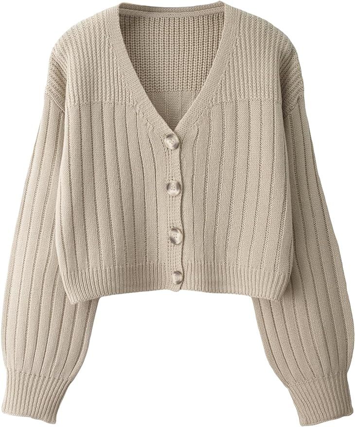 SweatyRocks Women's Long Sleeve V Neck Ribbed Knit Top Button Front Crop Cardigan Sweater | Amazon (US)
