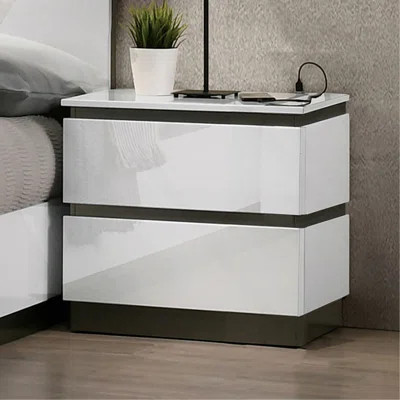 Contemporary 1Pc Nightstand White Color High Gloss Finish W/ Metallic Accents Bedside Table W USB Port Bedroom Furniture | Wayfair North America