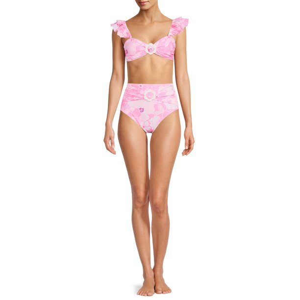 No Boundaries Junior's Ruffle Strap Floral Bandeau Swim Top | Walmart (US)