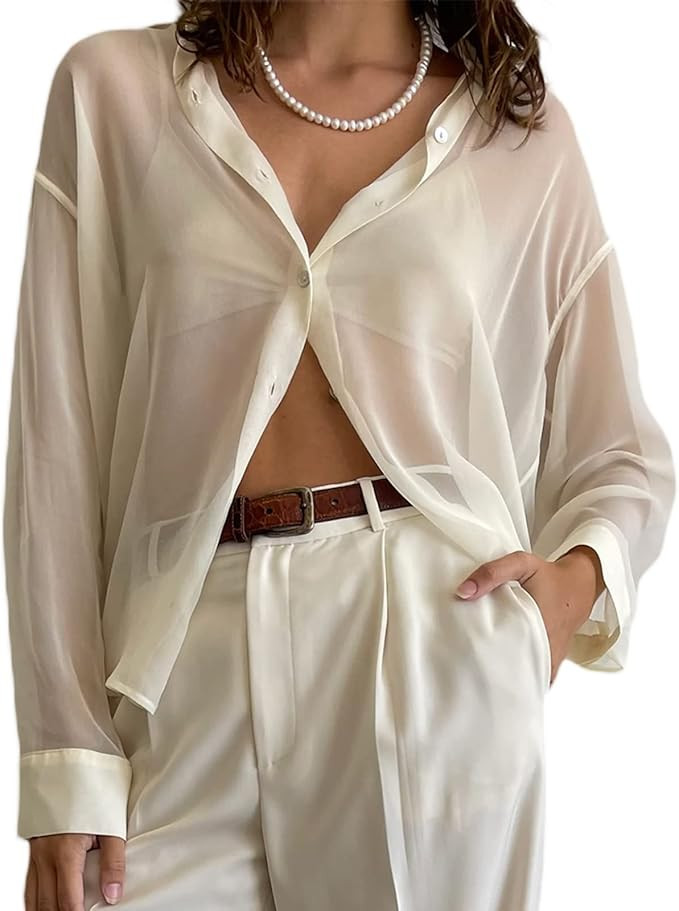 Women's Sheer Button Down Shirt Long Sleeve Lapel V Neck Mesh See Through Blouse Tops Y2K Streetw... | Amazon (US)