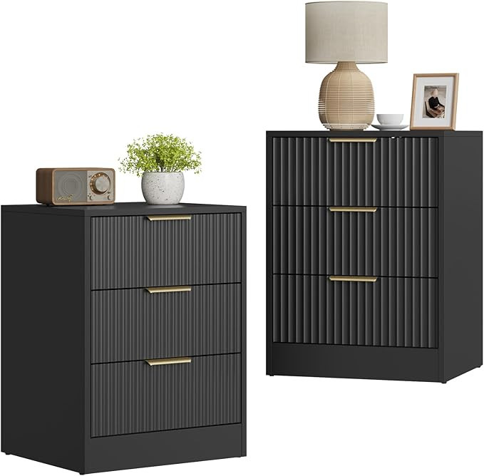 Black Fluted Nightstand Set of 2 with 3 Storage Drawers, Modern Fluted Night Stand Bedside Table,... | Amazon (US)