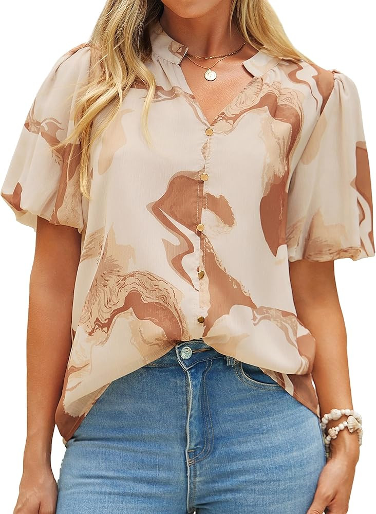 Simplee Womens Summer Floral Blouses Chiffon Boho Dressy Casual Work V Neck Puff Short Sleeve Loo... | Amazon (US)