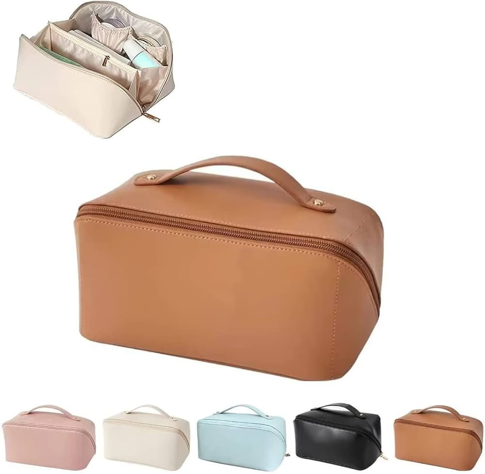 uxzwerh Large-Capacity Travel Leather Makeup Bag Cosmetic Bag Waterproof Portable Makeup Case Org... | Amazon (US)