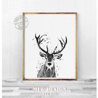 Deer Black & White Print, Watercolor Head Antlers, Large Wall Art, Animal Illustration, Posters | Etsy (US)