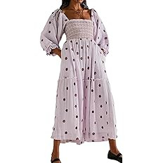 Women Floral Embroidered Maxi Dress Long Puff Sleeve Square Neck Bohemian Flowy Dress with Pocket... | Amazon (US)