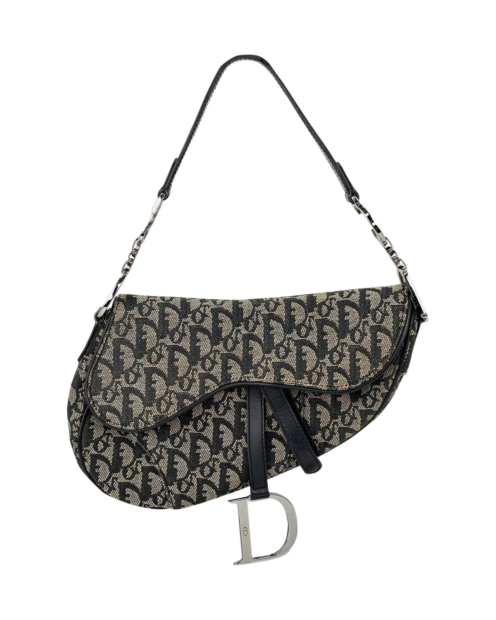 Christian Dior Oblique Saddle Hand Bag Purse Black Beige Canvas Authentic Pre owned | Shop Simon