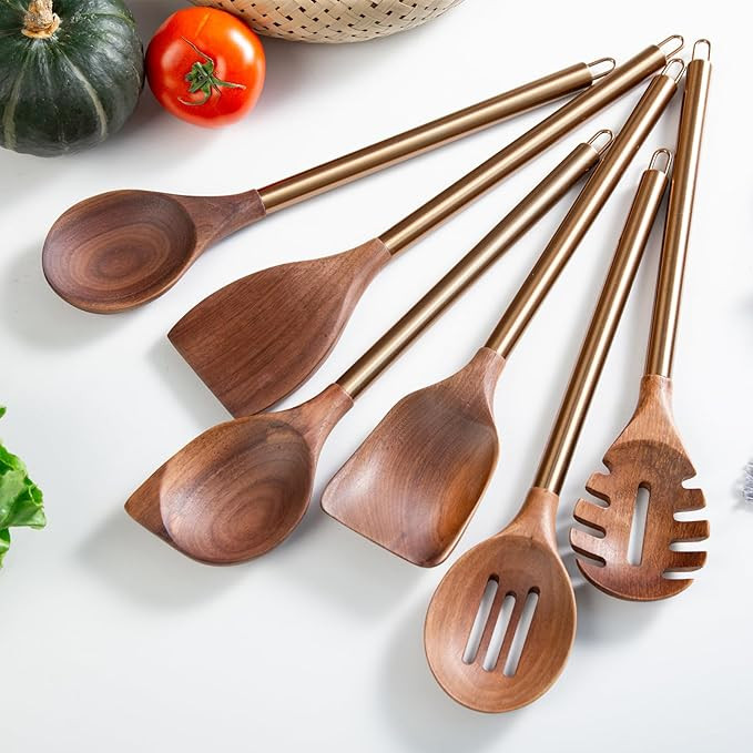 Wooden Utensils Set with Rose Gold Metal Handle, Premium Black Walnut Spoons Spatula Set, 14-inch... | Amazon (US)
