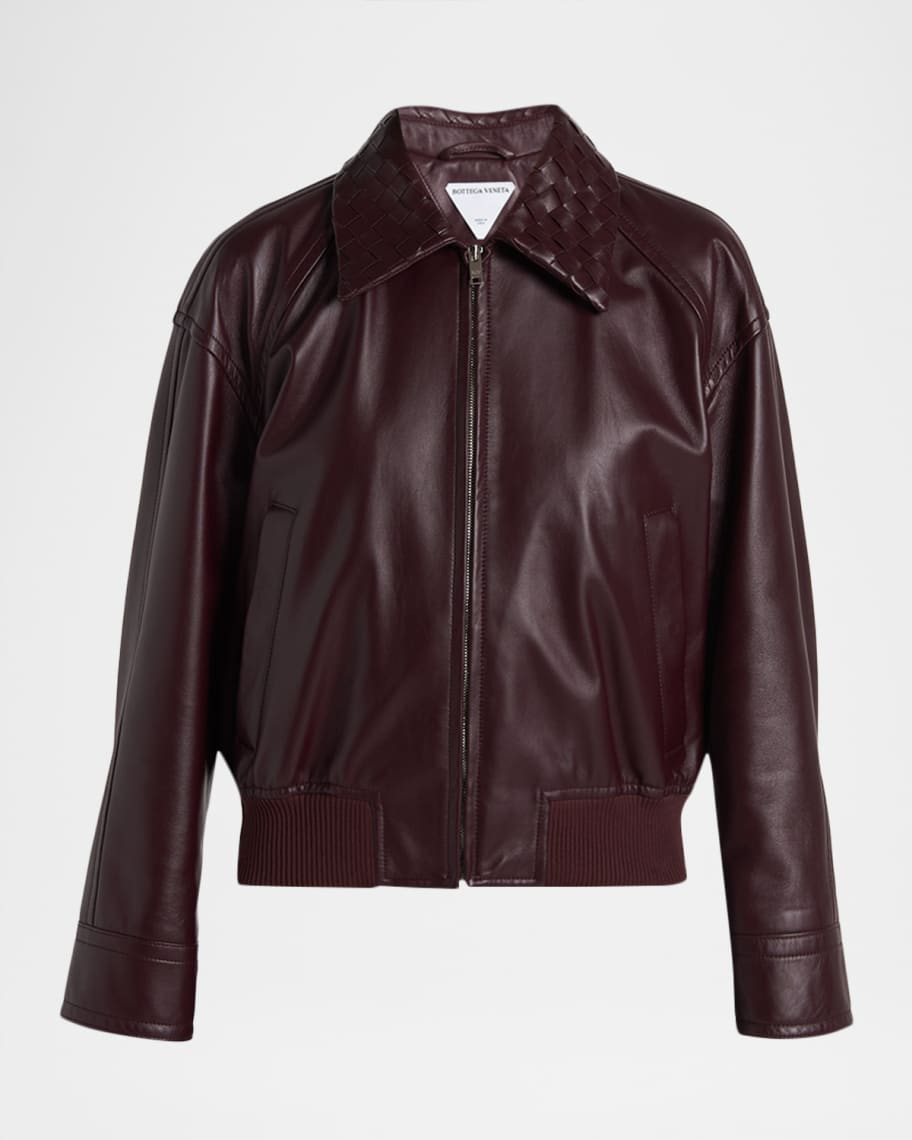 Bottega Veneta Intrecciato Collar Leather Bomber Jacket | Neiman Marcus