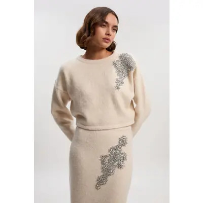 Karen Millen Wool Embellished Crew Neck Jumper in Cream at Nordstrom, Size Large | Nordstrom