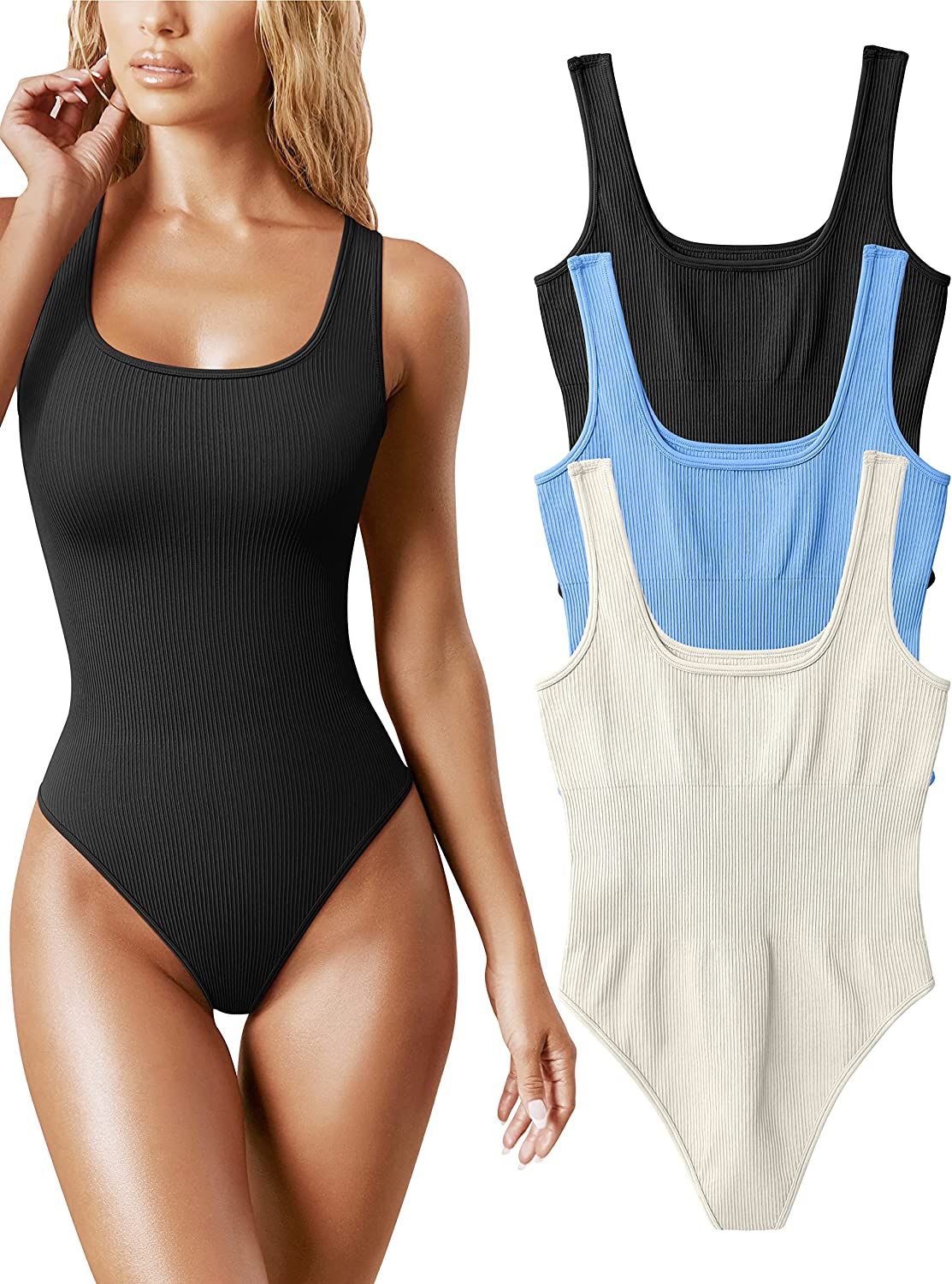 OQQ Women's 3 Piece Bodysuits Sexy Ribbed Sleeveless Square Neck Sleeveless Tank Tops Bodysuits | Amazon (US)