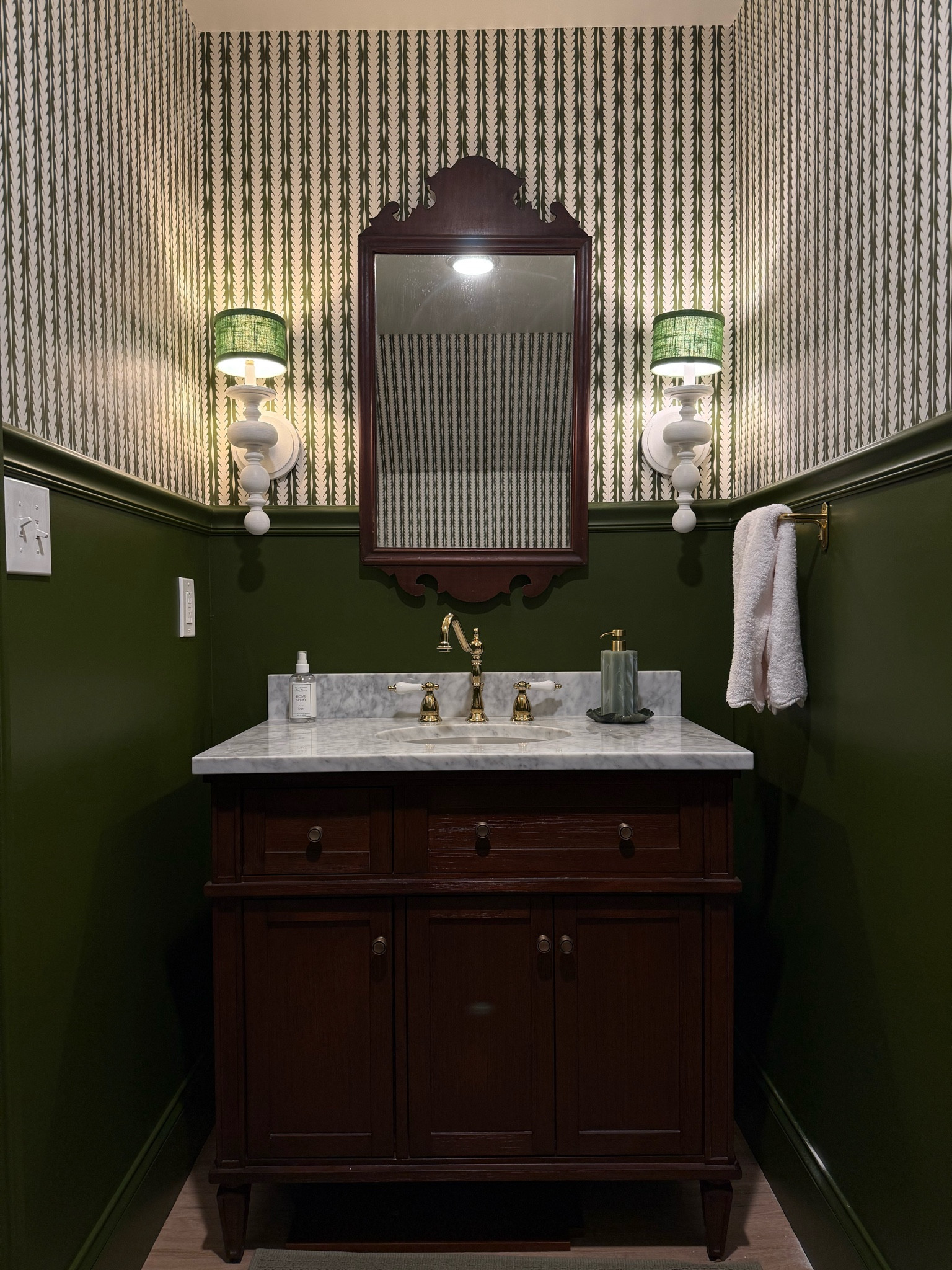 Powder bathroom green design 🌿 vanity and faucet are Signature Hardware - mirror is an antique find! 

#LTKHome