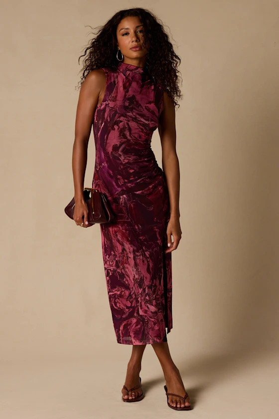 Rosannah Mauve Multi Abstract Mesh Mock Neck Midi Dress | Lulus