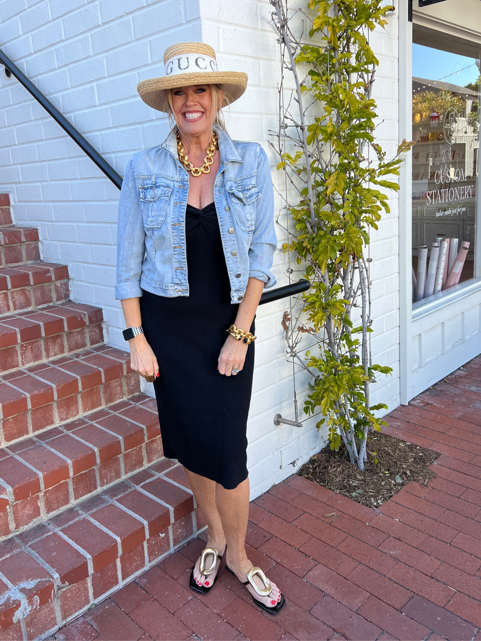 #ootd  summer dresses 

Amazon dress 

Kut from the Kloth denim jacket 
Amelia jacket 
Fits tts 

Jeffery Cambell sandal Anthro 20% off ANTHRO20

Gigi pip straw hat
With a Gucci band (old) 

Julie Vos gold link  chain bracelets and necklace 



#LTKStyleTip #LTKSaleAlert #LTKFindsUnder50