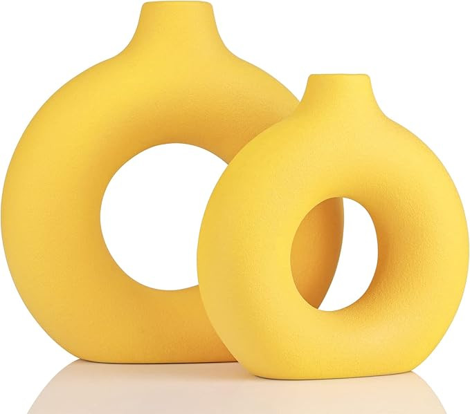 Yellow Vase Decor Donut Vase Set of 2 - Circle Hollow Vases, Modern Matte Ceramic Vases for Entry... | Amazon (US)