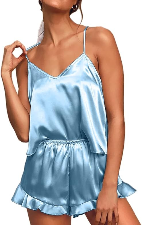 CHYRII Women's Sexy Silk Satin Ruffled Pajamas Sets Cami Shorts Sets Sleepwear | Amazon (US)