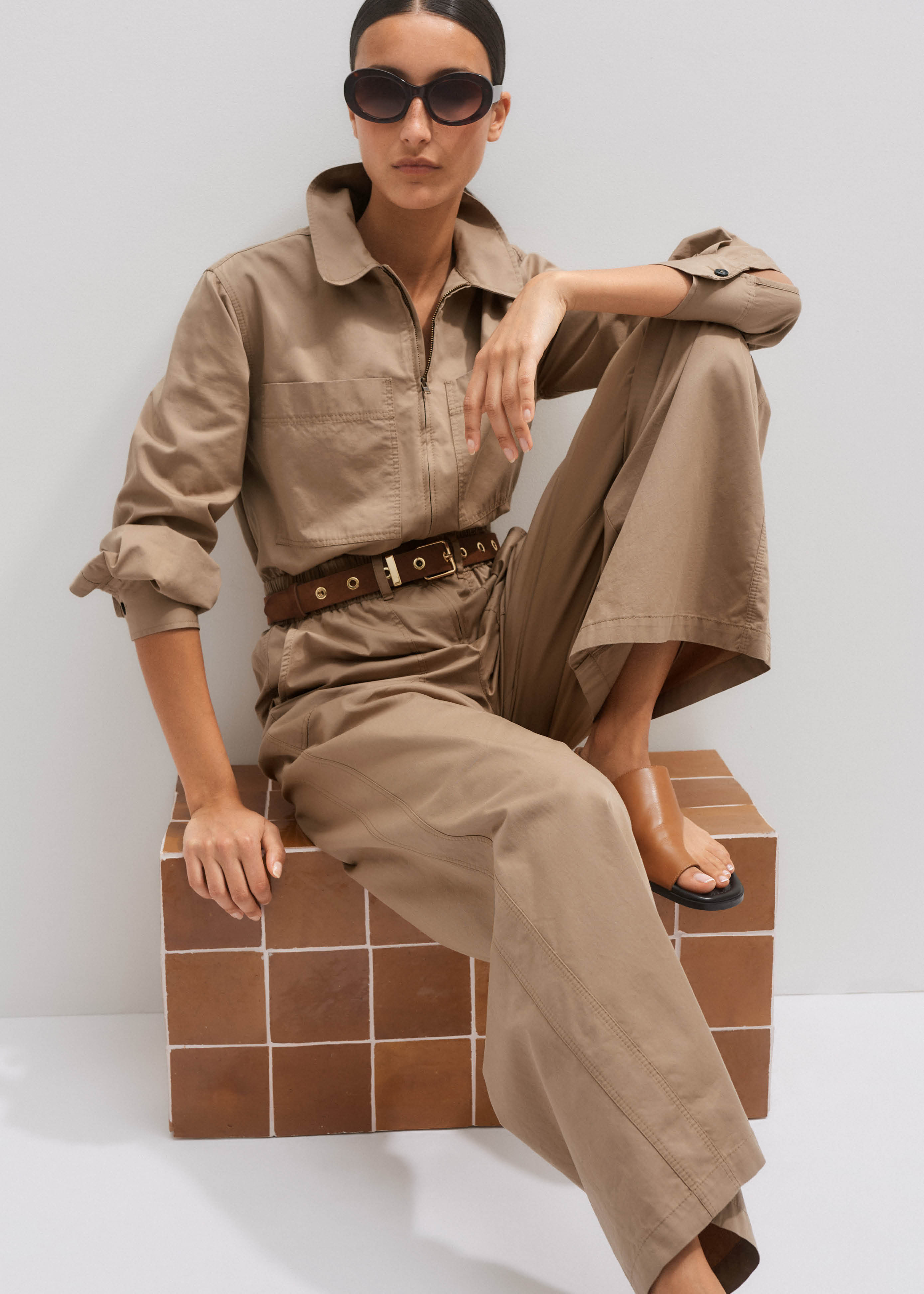 Women's Brown Utility Jumpsuit + Belt | ME+EM | ME+EM Global (Excluding US)