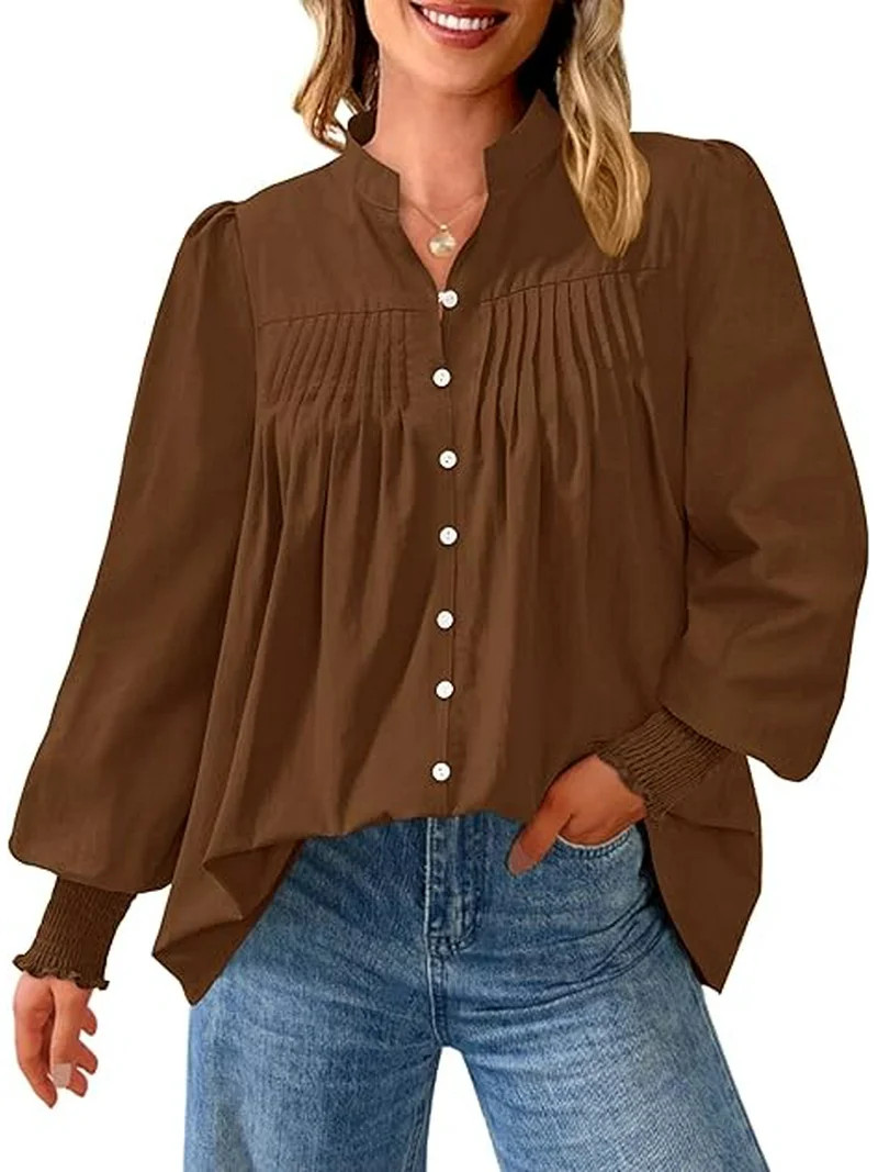 PRETTYGARDEN Womens Fall Lantern Long Sleeve Shirts Trendy Button V Neck Pleated Henley Tops Loos... | Walmart (US)