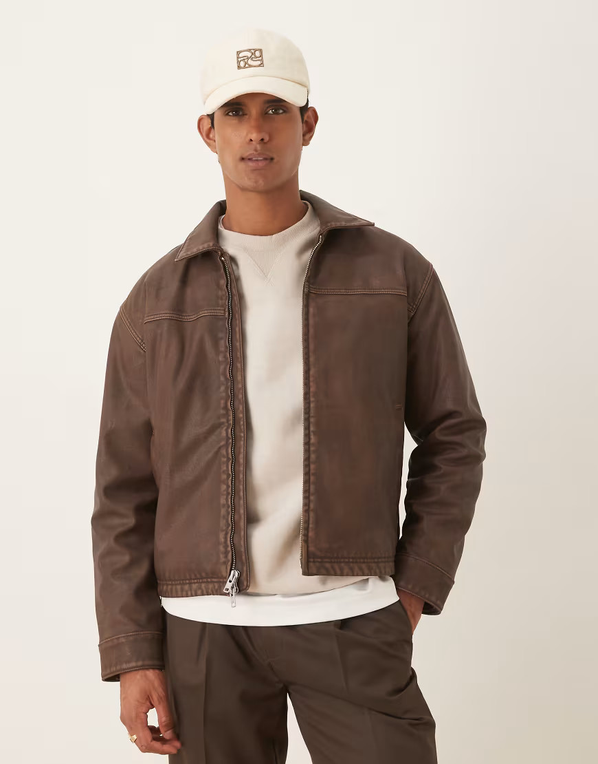 Abercrombie & Fitch vegan leather jacket in brown-Green | ASOS (Global)