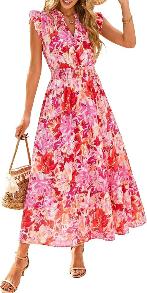 Simplee Womens Summer Floral Mixi Dress V Neck Ruffle Short Sleeve Flowy Dress Boho Casual Beach ... | Amazon (US)