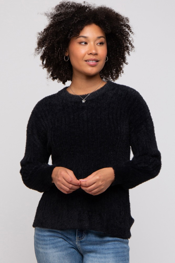 Black Fuzzy Ribbed Knit Sweater | PinkBlush Maternity