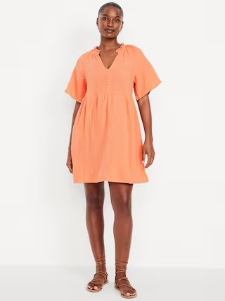 Split-Neck Crinkle Gauze Mini Swing Dress | Old Navy (US)