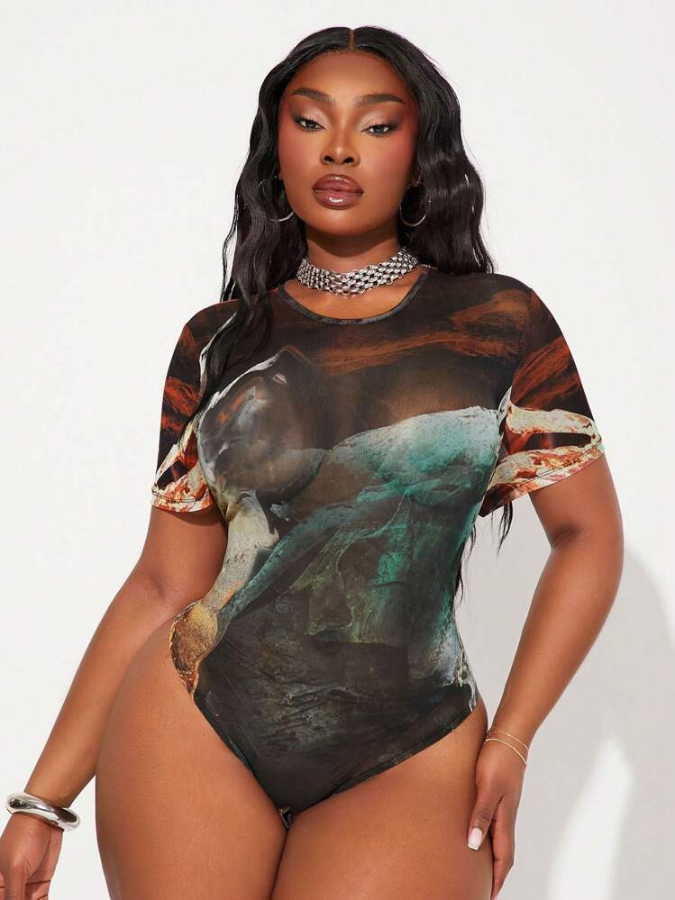 Radiana Plus Size Summer Fashion Printed Short Sleeve Bodysuit | SHEIN