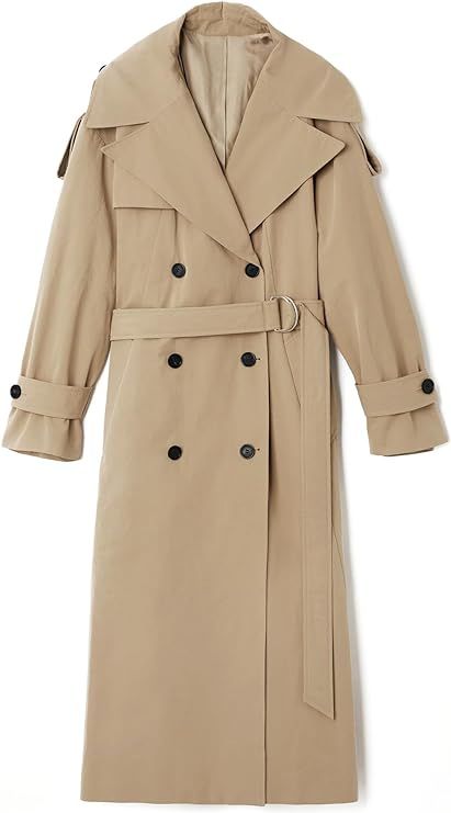 Farktop Womens Oversized Long Trench Coat Double Breasted Lapel Windproof Overcoat with Belt | Amazon (US)