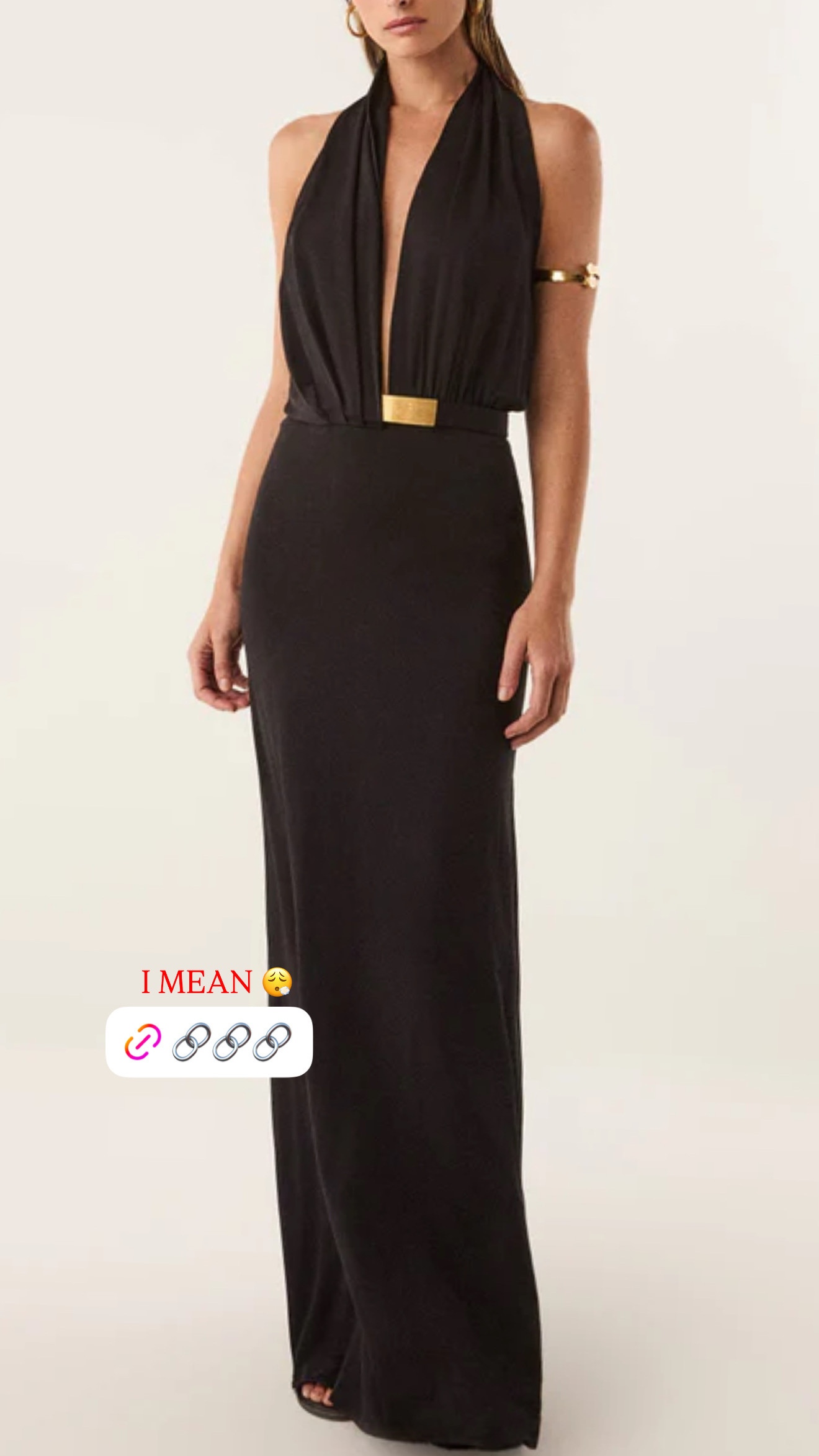 The dress you pack when you want zero decisions on vacation.
ViX's Rosana from the Rosie Huntington-Whiteley collab is a fluid maxi with a plunging V-neck, open back, and a gold-plated waist detail that does all the styling for you. It comes with a matching triangle bralette — so the neckline is already solved, which matters when a V goes this deep.
The drape is what makes it. It's not a structured dress pretending to flow — it actually moves, contours without clinging, and photographs the way you hope something will when you spend $500+ on it.
Honest take: this is not a forgettable dress. The open back, the plunge, the gold hardware — it has a strong point of view. If you want something that blends in, this isn't it. If you want one dress that makes an entire trip feel intentional, this is exactly it.
Sandals, minimal jewelry, and you're done. 

 #LTKootd