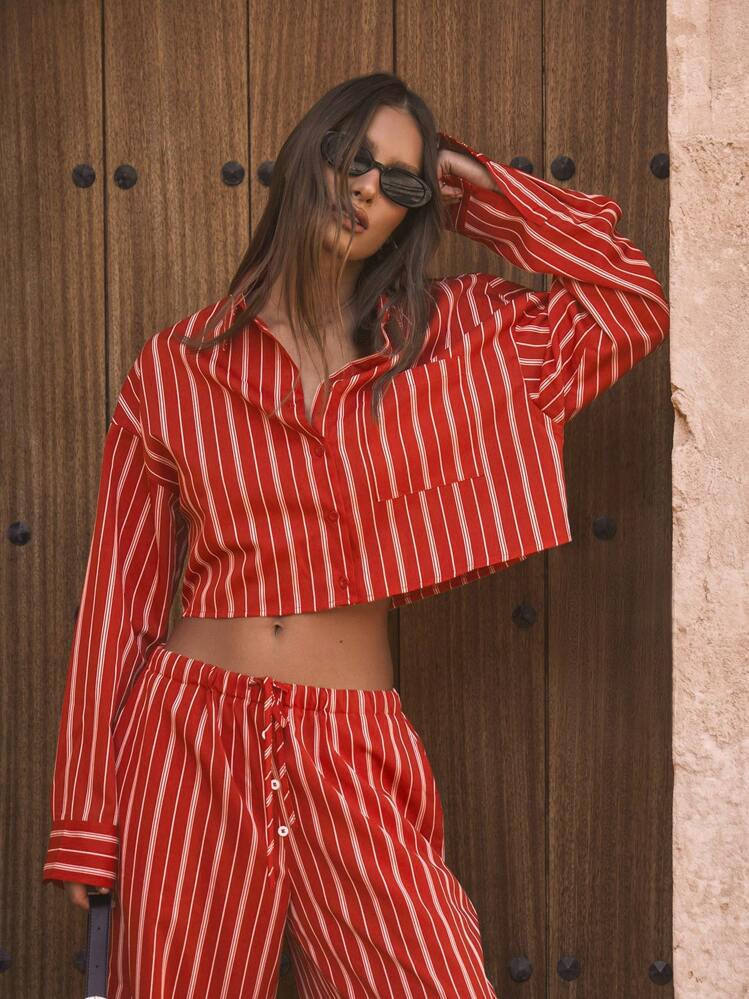 MUSERA Cropped Boxy Striped Long Sleeve Shirt Only Cute Vacation Work Everyday Casual Winter Holiday Back To School Work Al Fresco Elegant Spring Summer | SHEIN