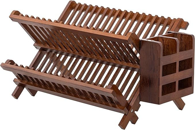 HBlife Dish Rack,Teak Folding 2-Tier Collapsible Drainer Dish Drying Rack with Utensils Flatware ... | Amazon (US)