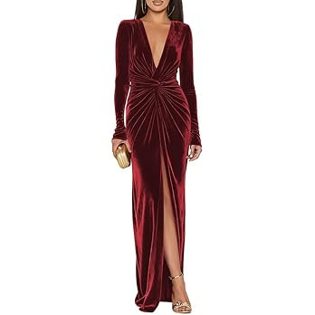 CuteMe V Neck Velvet Dress Maxi for Bridesmaid Ruched Long Sleeve Formal Party Dress with Slit CC... | Amazon (US)