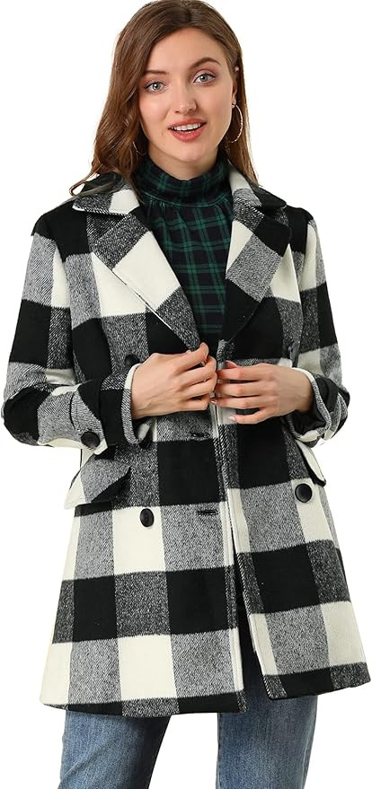 Allegra K Women's Buffalo Checks Double Breasted Notched Lapel Winter Long Plaids Trench Coat | Amazon (US)