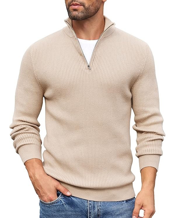 COOFANDY Men's Quarter Zip Sweaters Slim Fit Mock Neck Pullover Sweater Lightweight Knitted Polo ... | Amazon (US)