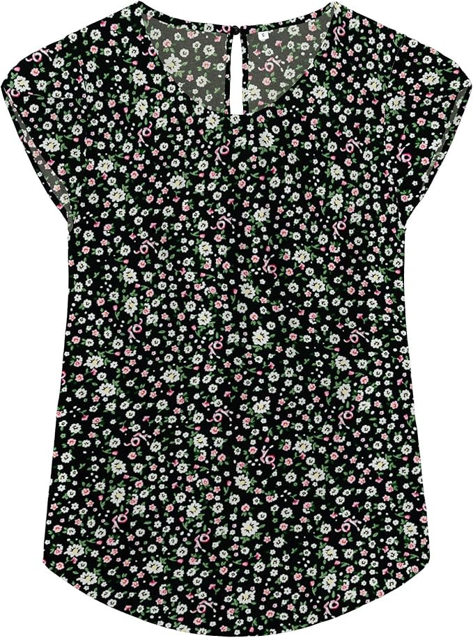 TASAMO Women's Casual Round Neck Basic Pleated Top Cap Sleeve Curved Keyhole Back Chiffon Blouse | Amazon (US)