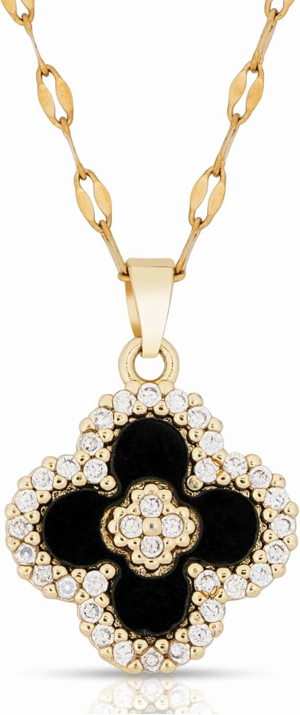 Four Leaf Clover Pendant Necklace for Women 18K Gold Plated with Black Agate or Mother of Pearl/W... | Walmart (US)