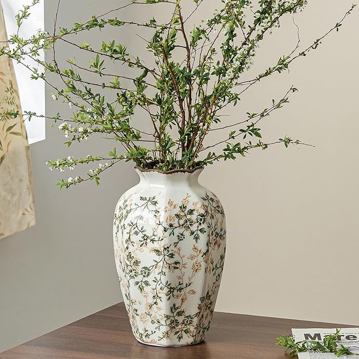 Vintage Pastoral Octagonal Vase, Green and Beige Retro Ceramic Flower Vase, Rustic Farmhouse Vase... | Amazon (US)