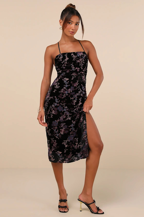 Elegant Persuasion Black Burnout Velvet Lace-Up Midi Dress | Lulus