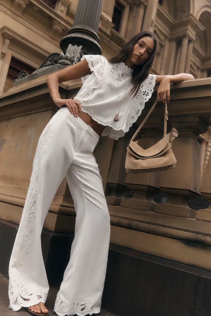 Elodie French Cutwork Embroidery Flare Pants in Cotton & Linen | Fabrique