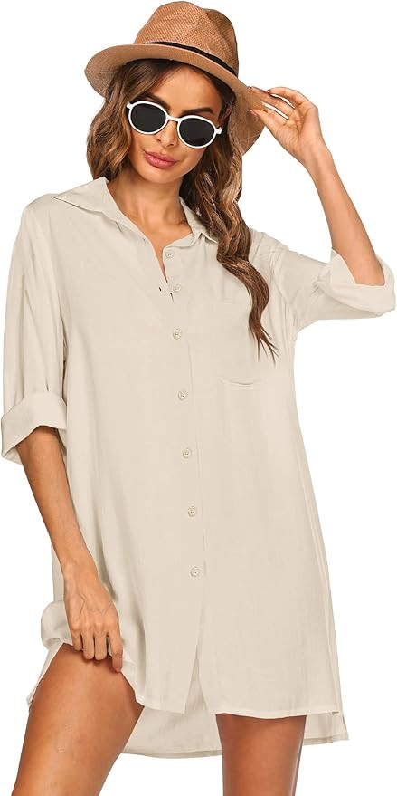 SHESHOW Women's Beach Cover Up Long Sleeve Button Down Shirt Summer Bikini Coverups Dress Loose S... | Amazon (US)