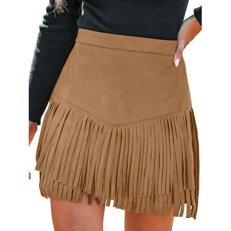 Cupshe Women s Tan Faux Suede Fringe Hem Mini Skirt | Walmart (US)