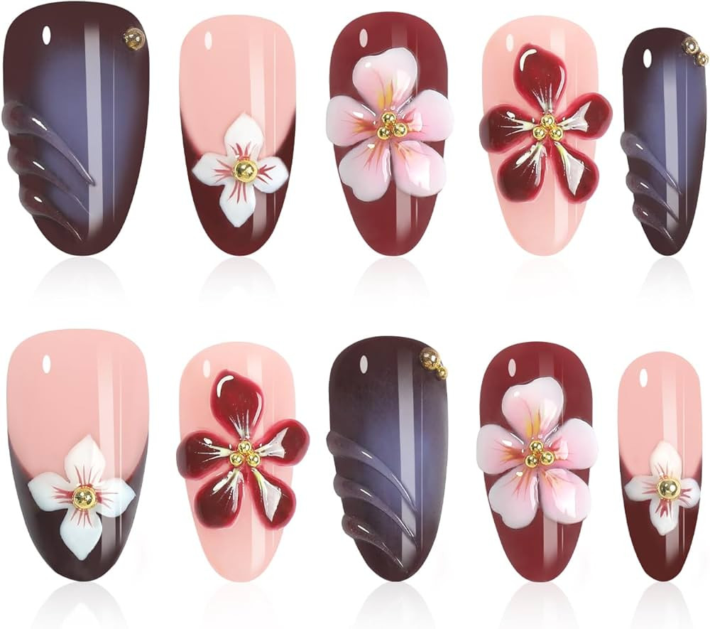 Handmade Press On Nails Almond - 3D Flowers Rhinestone Design Short Fake Nails with French Tips, ... | Amazon (US)