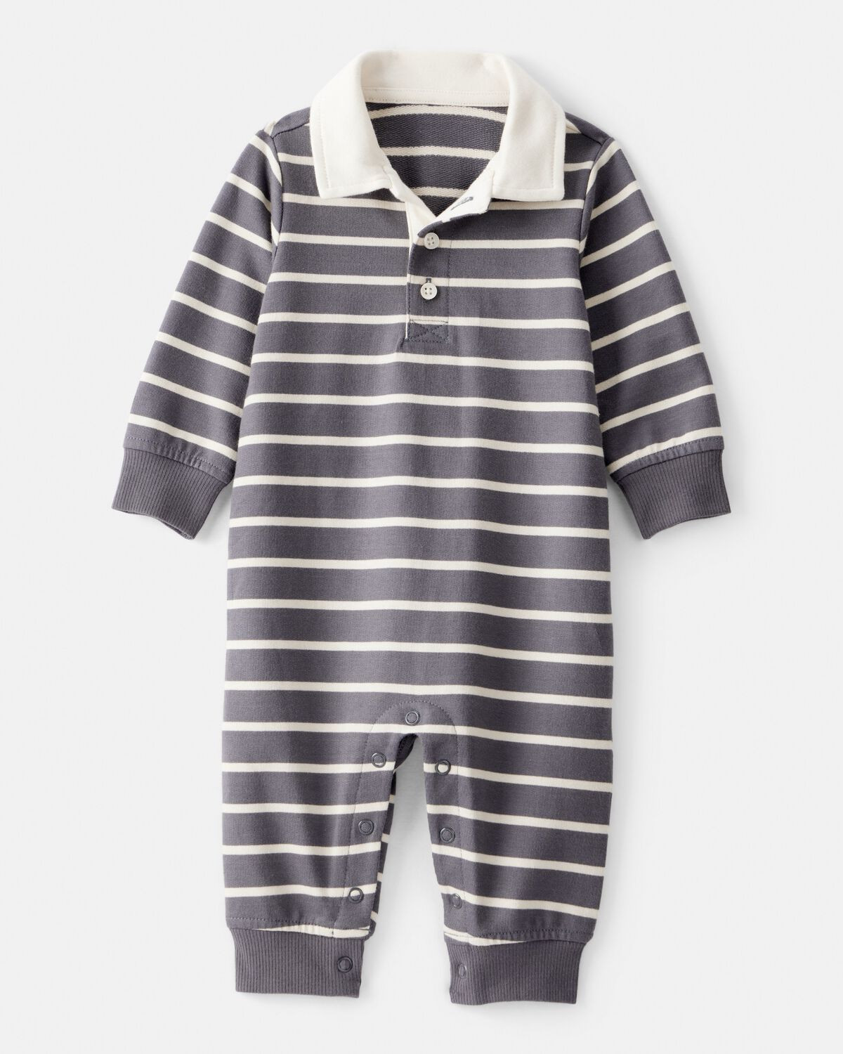 Baby Boy Striped Cotton Long-Sleeve Polo Jumpsuit - Grey/Ivory | Carter's Inc