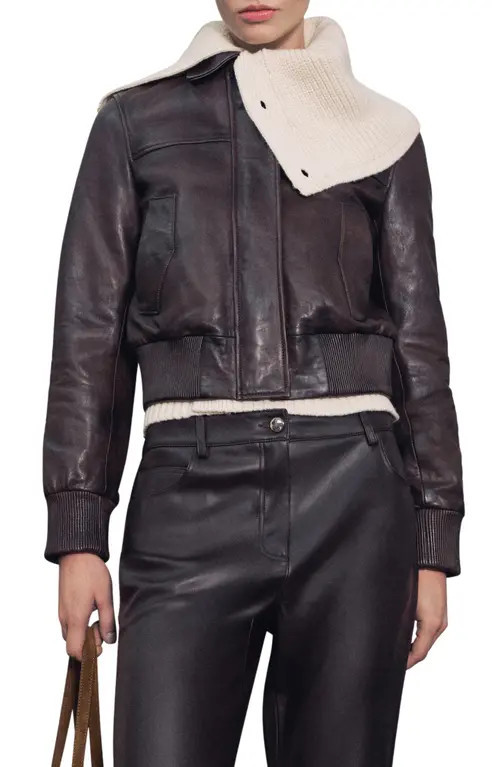 MANGO Crop Leather Bomber Jacket in Brown at Nordstrom, Size Small | Nordstrom