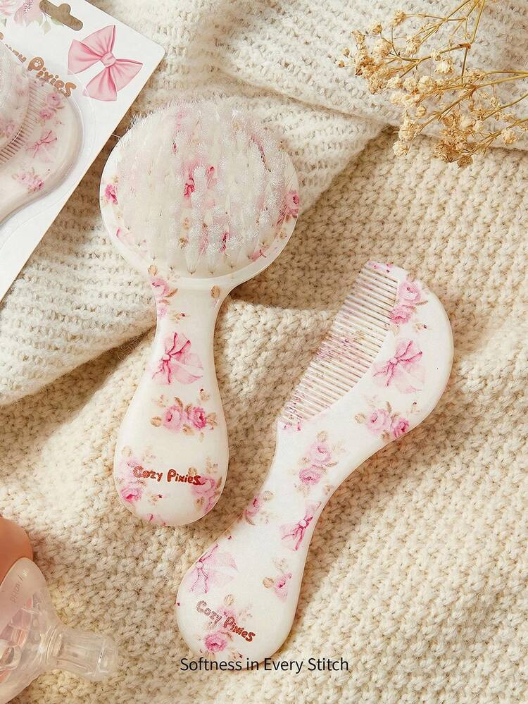 Cozy Pixies 2-Piece Set Of Soft Pink Bow Flower Hair Brush Comb Set, Gently Remove Hair Tangles, ... | SHEIN
