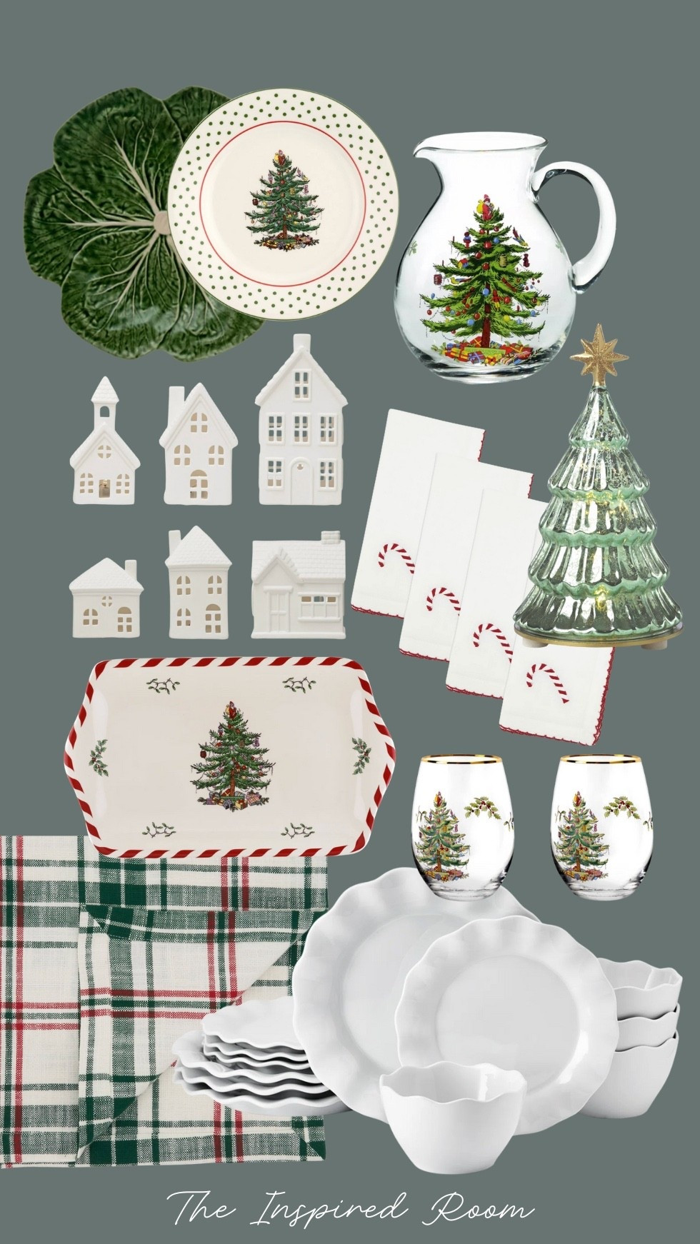 I love these timeless pieces for the holidays! A mix of timeless white scalloped dishes and green cabbage plates, layered with Spode Christmas pieces, festive linens, and the glow of a winter village scene. Excited for the magic and tradition of the season! 

#LTKSeasonal #LTKHome #LTKSaleAlert