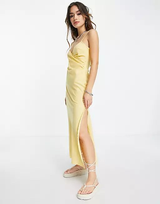 ASOS DESIGN linen strappy ruched side split leg midi sundress in lemon | ASOS (Global)